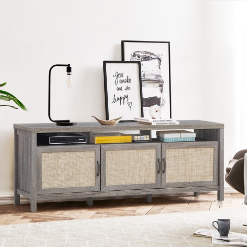 Topbuy Universal TV Stand Cabinet Television Media Console with 3 Rattan Doors Grey Oak