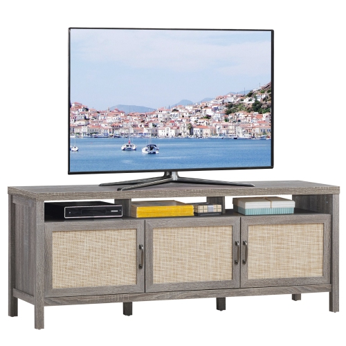 Topbuy Universal TV Stand Cabinet Television Media Console with 3 Rattan Doors Grey Oak