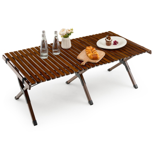 Topbuy Folding Wooden Camping Table Portable Picnic Table w/ Carry Bag Roll-up Bamboo Tabletop Outdoor Travel Camping Table Natural/Coffee