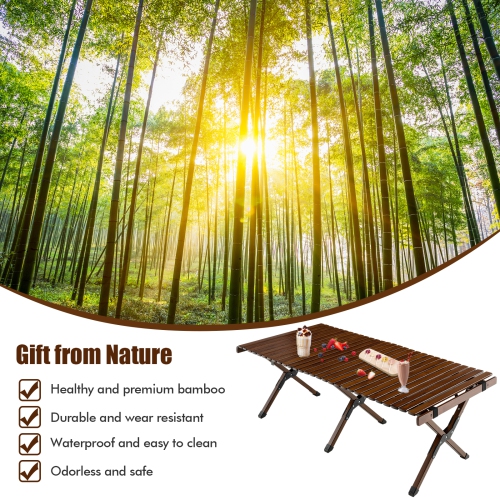 Topbuy Folding Wooden Camping Table Portable Picnic Table w/ Carry Bag Roll-up Bamboo Tabletop Outdoor Travel Camping Table Natural/Coffee