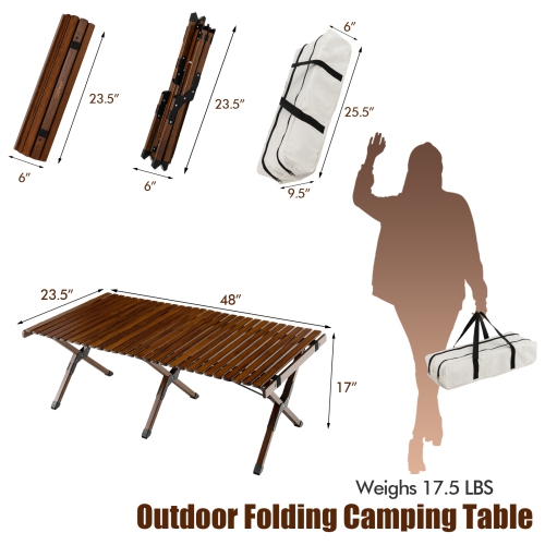 Topbuy Folding Wooden Camping Table Portable Picnic Table w/ Carry Bag Roll-up Bamboo Tabletop Outdoor Travel Camping Table Natural/Coffee
