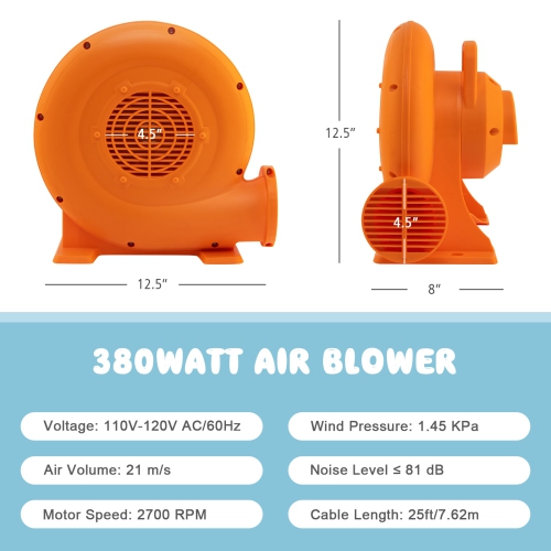 Topbuy Electric Air Blower Inflatable Bouncer Blower with Handle Large Air Outlet Commercial Air Blower for Inflatable Castle and Jump Slides 380W