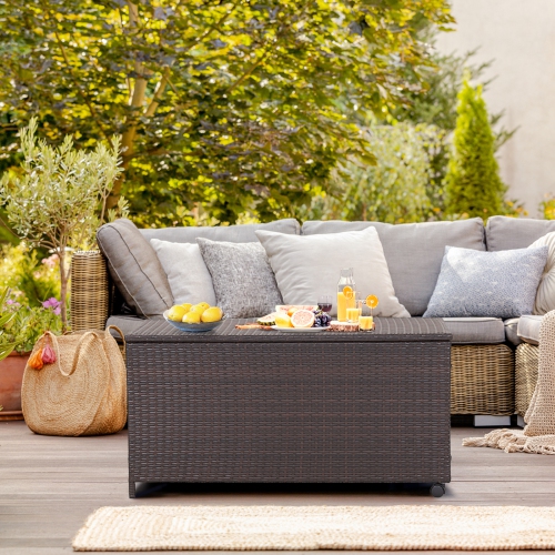 Patiojoy Outdoor 50 Gallon Wicker Storage Box PE Rattan Storage Container with Lid Deck&Waterproof Liner Mix Brown