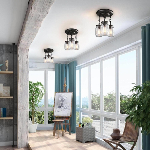 Farmhouse 3-Light Mason Jar Glass Semi Flush Mount Ceiling Lights