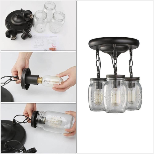Farmhouse 3-Light Mason Jar Glass Semi Flush Mount Ceiling Lights