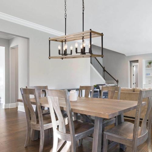 Modern Farmhouse 8-Light Faux Wood Lantern Rectangle Chandelier for Kitchen Island