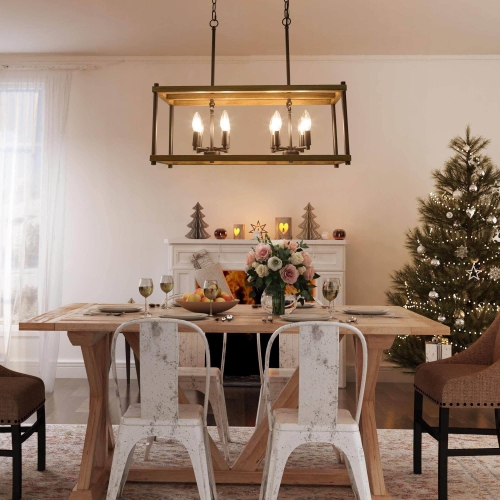 Modern Farmhouse 8-Light Faux Wood Lantern Rectangle Chandelier for Kitchen Island