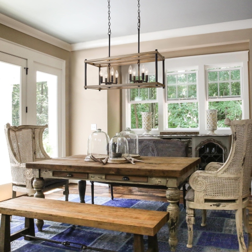 Modern Farmhouse 8-Light Faux Wood Lantern Rectangle Chandelier for Kitchen Island