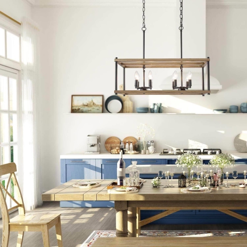 Modern Farmhouse 8-Light Faux Wood Lantern Rectangle Chandelier for Kitchen Island