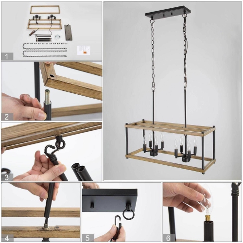 Modern Farmhouse 8-Light Faux Wood Lantern Rectangle Chandelier for Kitchen Island
