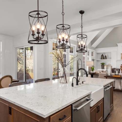 Modern Farmhouse 3-Light Black Cylinder Lantern Chandelier for Kitchen Island