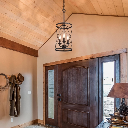 Modern Farmhouse 3-Light Black Cylinder Lantern Chandelier for Kitchen Island