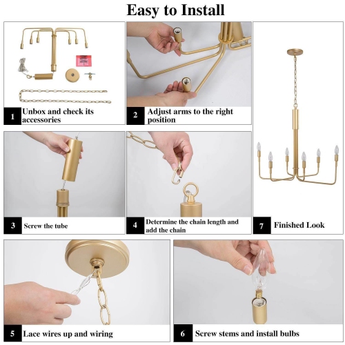 Modern Gold 6-Light Unique Candle Chandelier for Dining Room