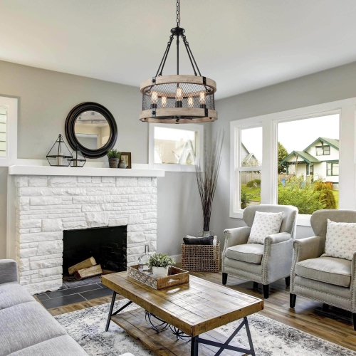 Lustre moderne de style champêtre à 5 lampes en bois pour salle à manger