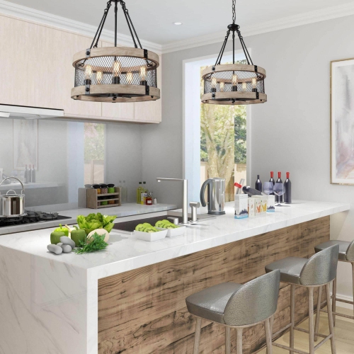 Lustre moderne de style champêtre à 5 lampes en bois pour salle à manger