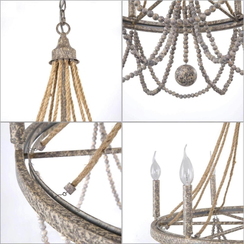 Boho Empire Wood Beads 6-Light 25.5"W Wagon Wheel Chandelier with Rope for Living/ Dining Room
