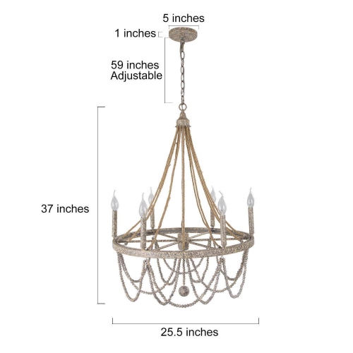 Boho Empire Wood Beads 6-Light 25.5"W Wagon Wheel Chandelier with Rope for Living/ Dining Room