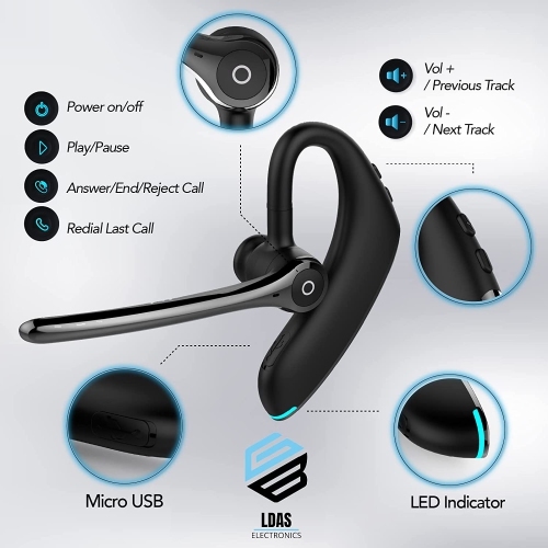 LDAS Bluetooth Headset Dual Mic Noise Cancelling 24 Hrs Talk time Bluetooth Earpiece CVC 8.0, V5.2 Single Ear, Wireless Handsfree Driving Headset
