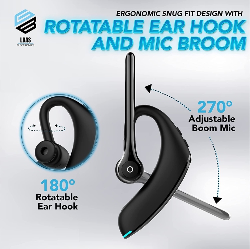 LDAS Bluetooth Headset Dual Mic Noise Cancelling 24 Hrs Talk time Bluetooth Earpiece CVC 8.0, V5.2 Single Ear, Wireless Handsfree Driving Headset
