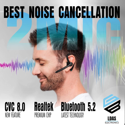 LDAS Bluetooth Headset Dual Mic Noise Cancelling 24 Hrs Talk time Bluetooth Earpiece CVC 8.0, V5.2 Single Ear, Wireless Handsfree Driving Headset