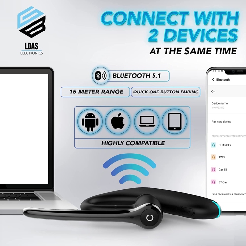 LDAS Bluetooth Headset Dual Mic Noise Cancelling 24 Hrs Talk time Bluetooth Earpiece CVC 8.0, V5.2 Single Ear, Wireless Handsfree Driving Headset