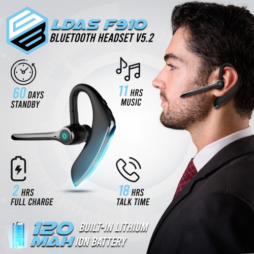 LDAS Bluetooth Headset Dual Mic Noise Cancelling 24 Hrs Talk time Bluetooth Earpiece CVC 8.0, V5.2 Single Ear, Wireless Handsfree Driving Headset