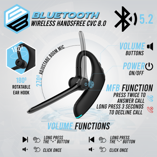 LDAS Bluetooth Headset Dual Mic Noise Cancelling 24 Hrs Talk time Bluetooth Earpiece CVC 8.0, V5.2 Single Ear, Wireless Handsfree Driving Headset