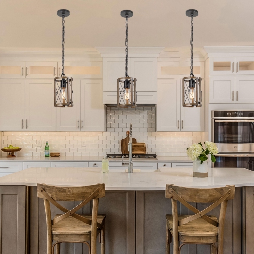 Modern Black 1-Light Wood Cylinder Pendant Farmhouse Lights for Kitchen Island