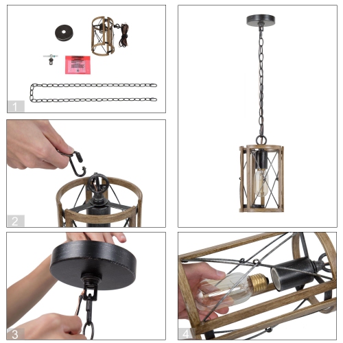 Modern Black 1-Light Wood Cylinder Pendant Farmhouse Lights for Kitchen Island