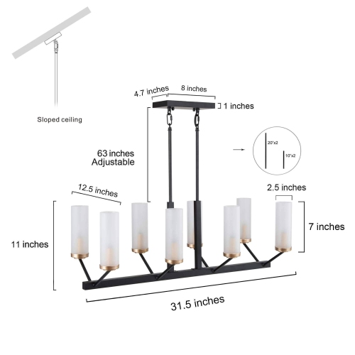 Modern Glam 8-Light Black Gold Linear Chandelier Glass Kitchen Island Pendant