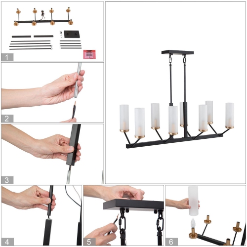 Modern Glam 8-Light Black Gold Linear Chandelier Glass Kitchen Island Pendant