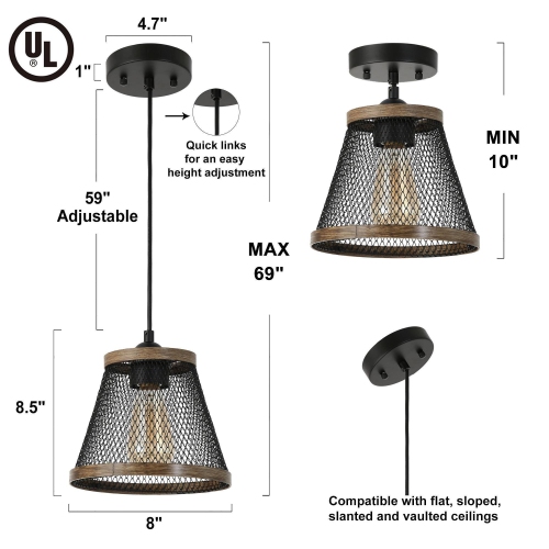 Modern Farmhouse 1-Light Cone Black Wire Pendant Ceiling Lights for Dining Room