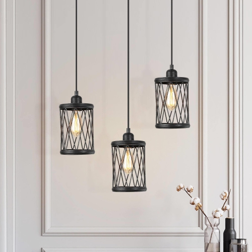 Farmhouse/ Industrial 1-Light Black Cylinder Cage Island Pendant