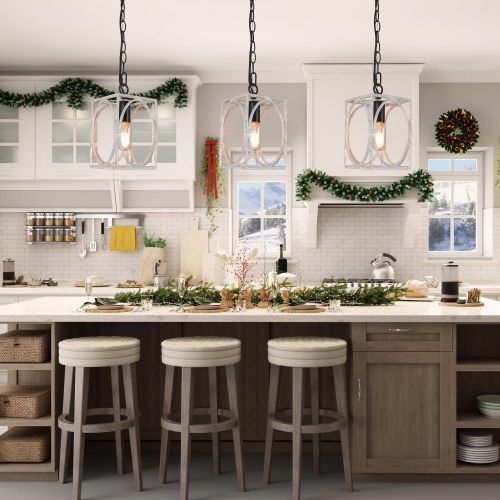 Farmhouse 1-Light Distressed White Cage Lantern Pendant for Kitchen Island