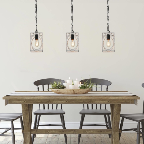 Farmhouse 1-Light Distressed White Cage Lantern Pendant for Kitchen Island