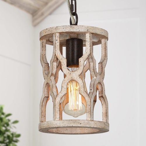 Farmhouse 1-Light Rustic Wood Cylinder Island Pendant Lights for Dining Room