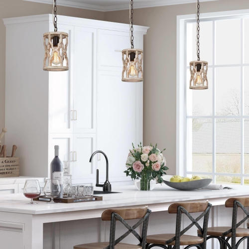 Farmhouse 1-Light Rustic Wood Cylinder Island Pendant Lights for Dining Room