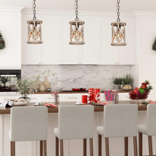 Farmhouse 1-Light Rustic Wood Cylinder Island Pendant Lights for Dining Room