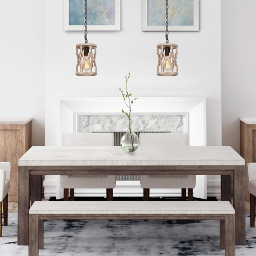 Farmhouse 1-Light Rustic Wood Cylinder Island Pendant Lights for Dining Room