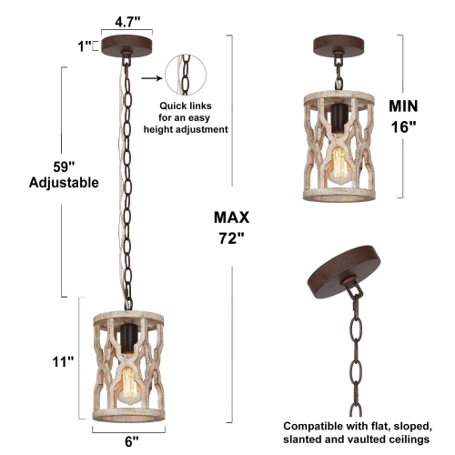 Farmhouse 1-Light Rustic Wood Cylinder Island Pendant Lights for Dining Room