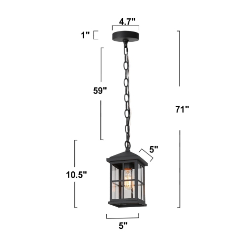 Black 1-Light Outdoor Hanging Pendant with Glass Shade