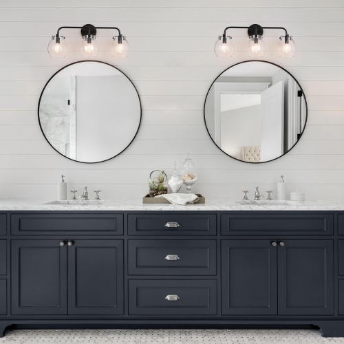 Mid-Century Modern Black 3-Light Seeded Glass Linear Dimmable Bathroom Vanity Light