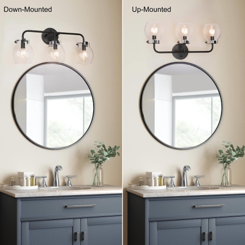 Mid-Century Modern Black 3-Light Seeded Glass Linear Dimmable Bathroom Vanity Light