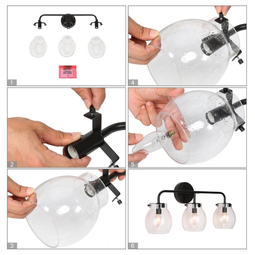 Mid-Century Modern Black 3-Light Seeded Glass Linear Dimmable Bathroom Vanity Light