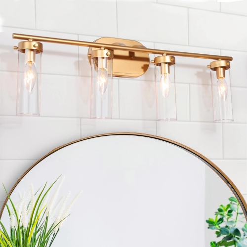 LNC  Mid-Century Modern 4-Light Dimmable Linear Clear Glass Bathroom Vanity Lights In Gold