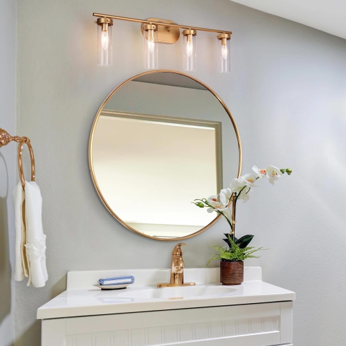Mid-Century Modern Gold 4-Light Dimmable Linear Clear Glass Bathroom Vanity Lights