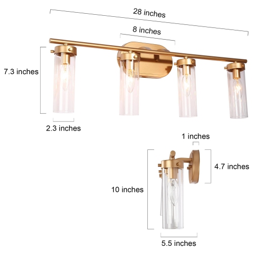 Mid-Century Modern Gold 4-Light Dimmable Linear Clear Glass Bathroom Vanity Lights