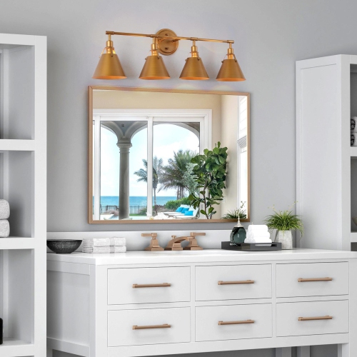 Modern Glam 4-Light Gold Linear Bathroom Vanity Lights Brushed Metal Shade Wall Sconces