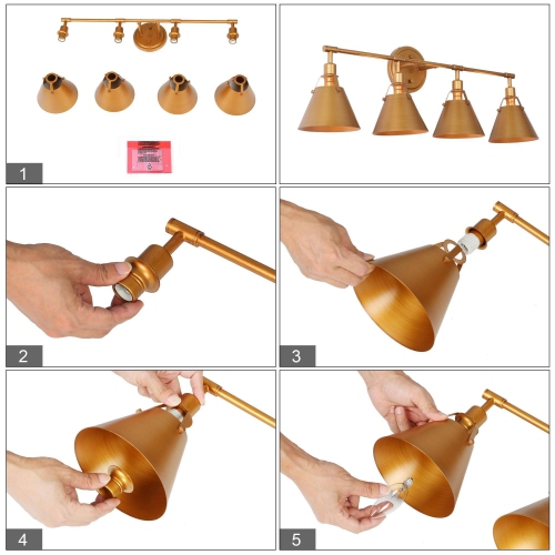 Modern Glam 4-Light Gold Linear Bathroom Vanity Lights Brushed Metal Shade Wall Sconces