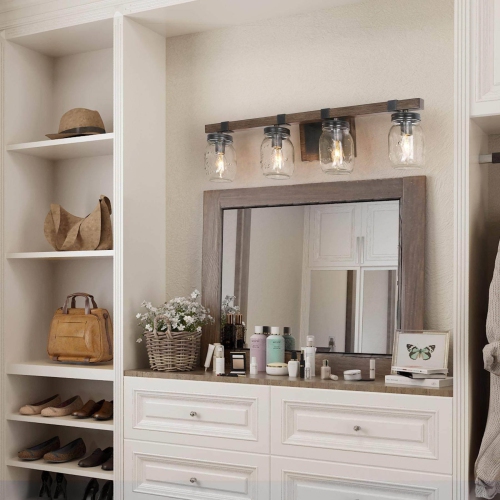 Farmhouse 4-Light Wood Linear Bathroom Vanity Lights Mason Jars Wall Sconces